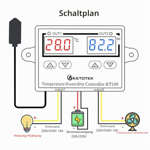 KETOTEK Digital Temperature Controller, Humidity Regulator Thermostat with Probe, Temperature Humidity Regulator, Humidity Controller for Incubator 230 V
