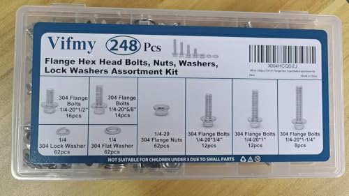 1/4-20 Flange Bolts & Nuts Assortment Kit 304 Stainless Steel 248Pcs SS SAE 1/4 248