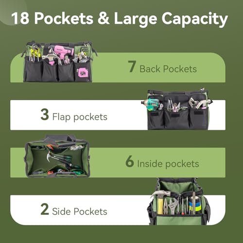 Tool Bag 16 Inch, 18 Pockets Soft Tool Box Organizer, Green