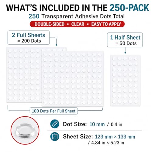 250 Transparent Adhesive Dots, Double Sided Glue Dots for Crafts, Balloons, Posters, Classroom Decor & DIY Projects, Clear Sticky Dots 250