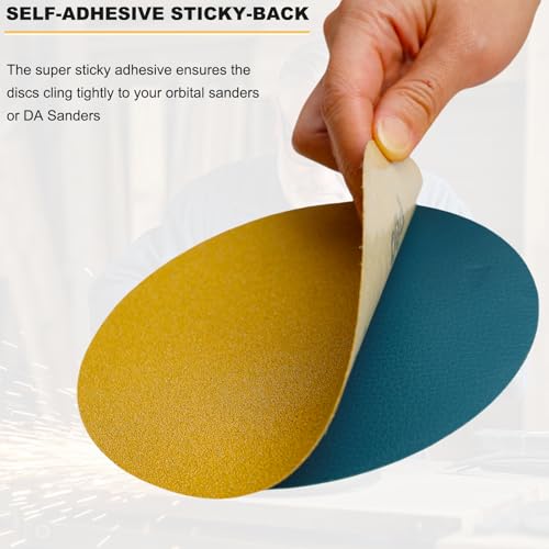 100 PCS 6 Inch Gold PSA Sanding Discs Set -20 Each of 80, 120, 180, 220, 400 Grit - Self Adhesive Stickyback Sandpaper Discs for 6" DA Sander Sand Automotive Car Paint, Woodworking, Metal