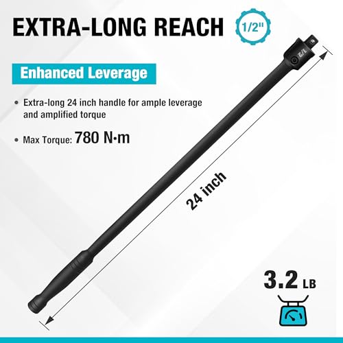DURATECH 1/2" Drive 24-Inch Heavy Duty Breaker Bar with 240° Flex Head 24 in Black