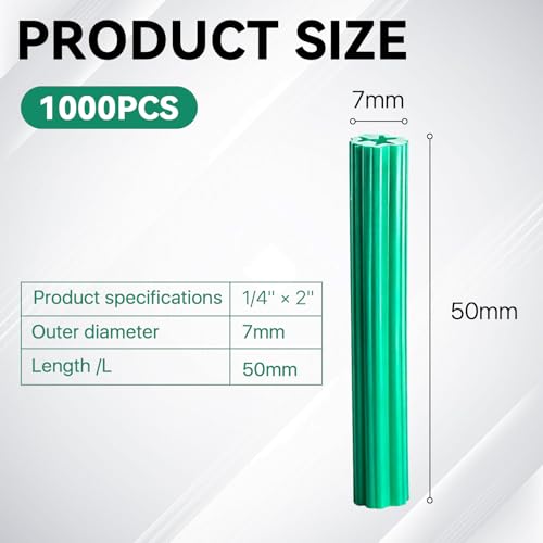 Supkiir 1000 Pcs Expanding Plastic Screw Anchors, 1/4" Hole Green Plastic Anchors for Concrete, Wall Expansion Pipe for Drywall, Concrete, Hollow Walls, Tile Cement Bolt and Aerated Concrete Bricks