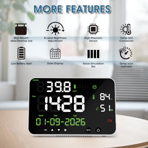 Digital Sound Level Meter 30-130dB with Alarm - Noise Decibel Monitor with Temperature,Humidity, Time, Calendar Display, 8-Level Dimmable, 11inch Screen, Wall Mounted for Classroom, Office, Factory White