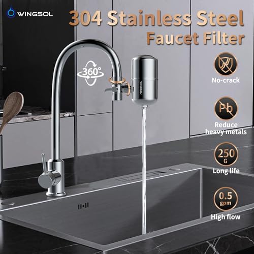 WINGSOL Stainless Steel Water Filter for Sink Faucet, NSF/ANSI 42&53, 360° Rotating Tap Purifier, Reduce Heavy Metals 99.6% Lead, Improve Taste, 250 Gallons Mineral pH+ Water, Reinforced Housing WS- FM001 -5in1
