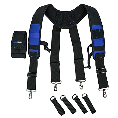 MELOTOUGH Tool Belt Suspenders Construction Work Suspenders with detachable phone holder comfortable foam shoulder padder (Blue) +