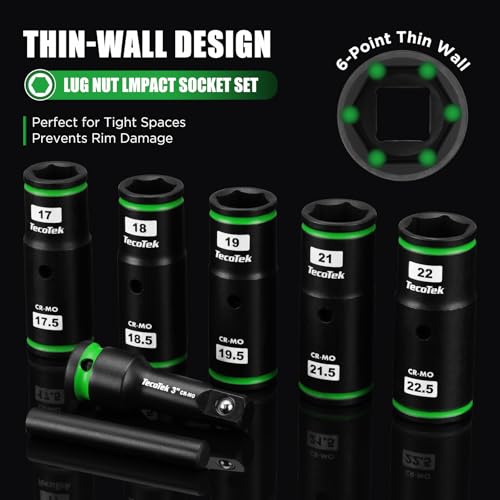 TecoTek 7PCS Lug Nut Socket Set, 1/2” Impact Thin Wall Flip Socket, Half Size Wheel Socket Set, Metric, 6 Point, 3" Extension Bar & Knockout Bar, 17.5mm, 18.5mm, 19.5mm, 21.5mm, and 22.5mm Half Size Metric