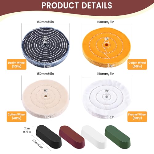 Bench Grinder Buffing Wheel Combo Bundle, 8Pcs 6 Inch Mixed Fabric Polishing Wheel Kit with 4 Buffing Compound Bars + 2 Pack 4 Inch 50-Ply Cotton Buffing Wheels
