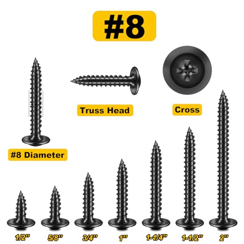 Mywish 155Pcs #10x1/2, 5/8", 3/4", 1",1-1/4", 1-1/2", 2" Self Tapping Screws & 155Pcs #8 Truss Head Wood Screws, Quick Metal Black Self Tapping Wood Screws， Black Sheet Metal Screws for Metal Wood &