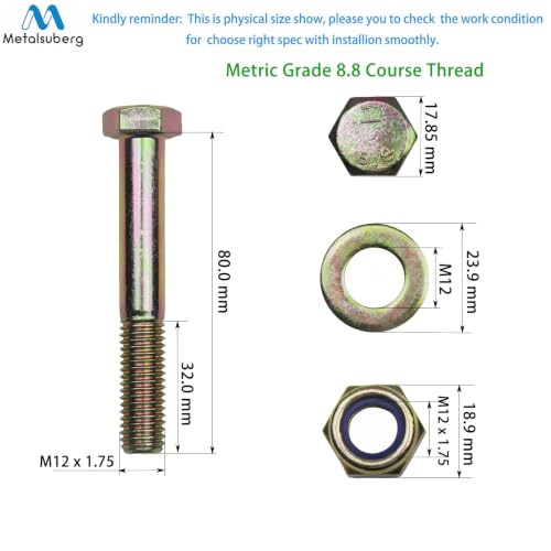 M12 x 80mm Hex Head Bolt and Nylon Lock nut Flat Washer Assortment Kit by Color Galvanization,Alloy Steel,Grade 8.8.(10pcs Pack) by Metalsuberg M12 x 80 mm 10
