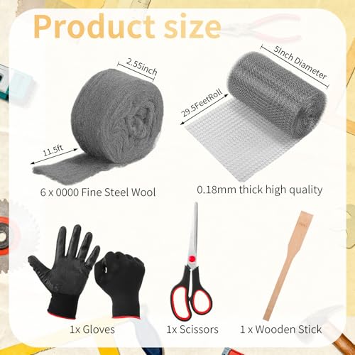 Steel Wool for Mice Control Mesh Rodent Control Kit 1 Pack Rustproof Mesh Roll and 0000 Steel Wool Mouse Hole Filler with Gloves, Scissors for House Garden Home Garage(5in X 29.5ft) Stainless Steel 5in X 29.5ft