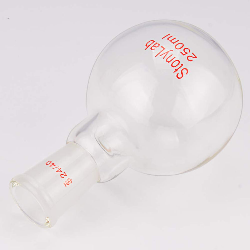StonyLab Borosilicate Glass Heavy Wall Single Neck Flat Bottom Boiling Flask, with 24/40 Standard Taper Outer Joint, 250ml 250 mL