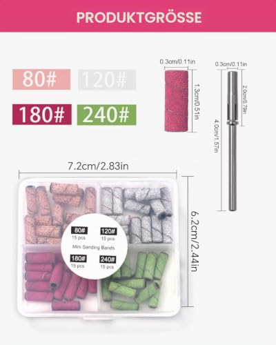 Pack of 60 Sanding Caps with Box, Sanding Sleeves Nail Cutter, 80/120/180/240 for Sanding, Oiling, Trimming, Removing Nails and Removing Dead Skin with 1 Nail Drill (4 Colors)