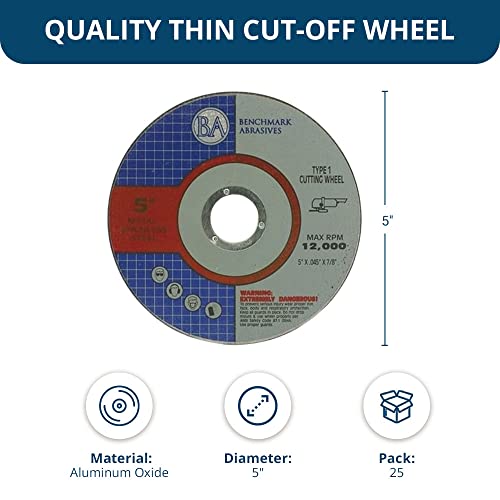 Benchmark Abrasives 5 Inch Aluminum Oxide Self Sharpening Grinder Cut Off Wheels for Meta and Steel, .045" Thick 7/8" Arbor, Angle Grinder Cutting Disc, Type 1 Thin Grinding Cutting Wheel - 25 Pack