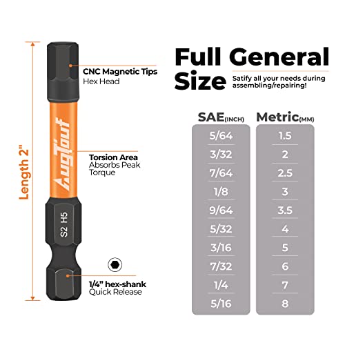 toolant Impact Hex Head Allen Wrench Drill Bit Set 20pcs(Metric&SAE), 4" Long Hex Bit Set 10pcs(SAE), 1/4" Hex-Shank S2 Steel, CNC Machined Tips with Magnetism