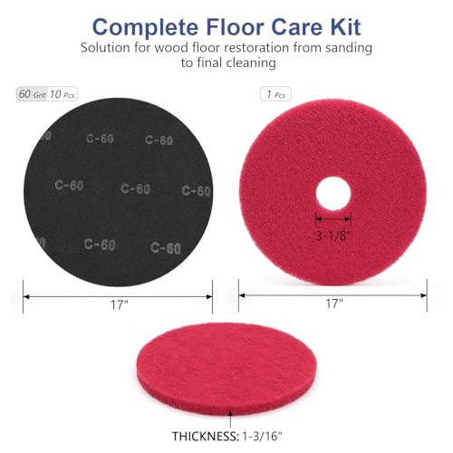 HUAALIUCHE 17" Sanding Screen Discs - Mesh Floor Sanding Screen - 60 Grit Black Silicon Carbide - for Wood Floors (10 Pack)+1-Piece Buffer Floor Pad 17 inch #60-10Pack+1Pad