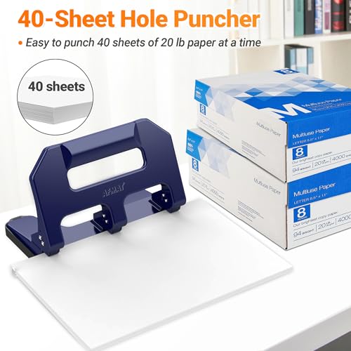 AFMAT Heavy Duty 3 Hole Punch, 3 Hole Puncher for Binder, 40-Sheet Three Hole Punch w/ 10000+ Uses, Metal Hole Puncher 3 Ring, 50% Reduced Effort, 9/32inch Hole, Bulit-in S.S. Paper Guide HPX1 (Blue) Blue