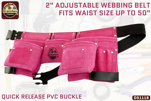 Graintex DS1118 8 Pocket Pink Tool Belt in Suede Leather with 2” Webbing Belt, 2 Leather Hammer Holders Loops 1