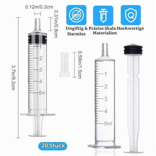 Syringes 5 ml, Pack of 20 Individual Package Plastic Syringe with Lid, Feeding Syringe, Reusable Syringe for Newborn Animal Feeding, Crafts, Laboratory Measurement