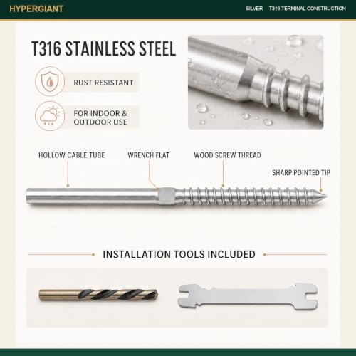 HYPERGIANT 60 Pack Stainless Cable Railing Kit Terminal Hardware, 1/8 Cable Railing Hardware with T316 Right & Left Thread Swage Lag Screws for Wood Posts, Silver