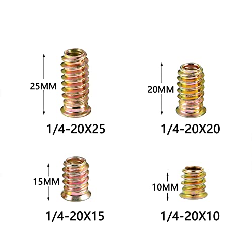160Pcs 1/4"-20 Hex Nut Inserts 4 Size Wood Threaded Fastener for Furniture 160 Pcs 1/4"-20 x 10/15/20/25mm