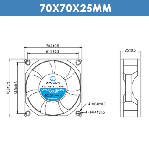 WINSINN DC 70mm Fan 12V 7025 Dual Ball Bearing Brushless Cooling 70x25mm 2PIN (Pack of 2Pcs)