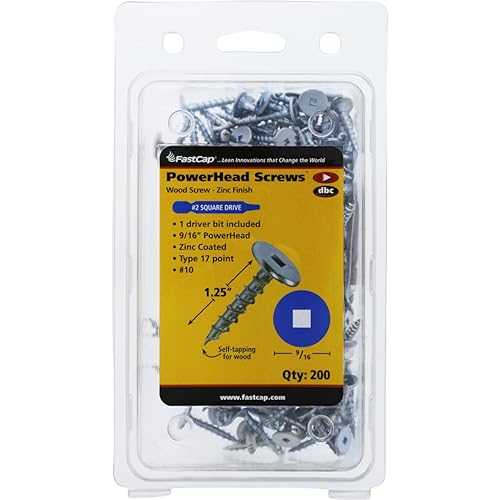 FastCap Professional PowerHead #10 Wood Screw, 1-1/4" Length, 9/16" Head, Self-Tapping, Zinc Coated, Square Drive, Type 17 Point. The Ultimate Strength & Holding Power. (200 Pieces)