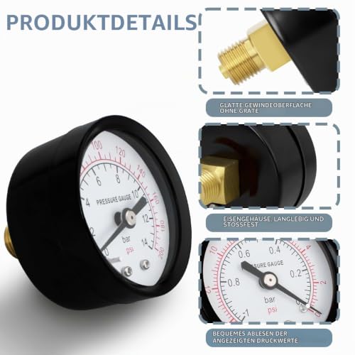 1-Pcs 50 mm Well Pump Pressure Gauge BSP 1/4 Inch 0-14 Bar 0 ~ 200 Psi with 2 Pieces Socket 1/4 Inch to 3/8 Inch, 1/4 Inch to 1/2 Inch and 1 Piece Hex Nipple Reducing 1/4 Inch to 1/8 Inch, Teflon Tape, Axial 50MM, 14bar(200psi)