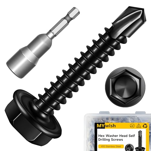 Mywish Self Tapping Screws for Metal (200Pcs) #8×1" & 100pcs #8 x 1 Self Drilling Screws for Metal, Black Sheet Metal Screws 410 Black Oxide Stainless Steel Truss Head Self Drilling Screws High-Streng