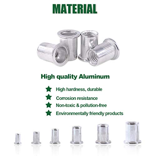 Keadic 380Pcs Metric Zinc Plated Carbon Steel Aluminum Rivet Nut Assortment Kit, M3 M4 M5 M6 M8 M10 M12 Flat Head Threaded Insert Nutserts for Automotive for Automotive, Furniture, Decoration