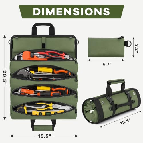 ANILD 15.5 Inch Extra Long Tool Bag Roll Up, Roll Up Tool Bag Organizer Green Large