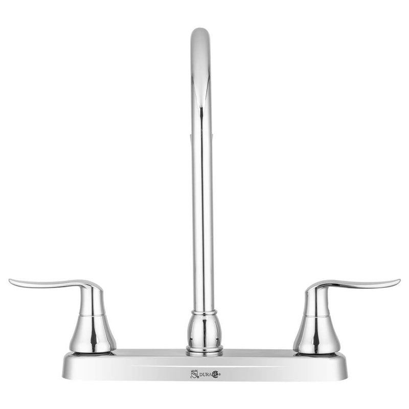 Dura Faucet DF-PK330HLH-CP RV Swivel J-Spout Kitchen Sink Faucet (Chrome) | Rotating spout reaches across the sink; two handles fine-tune temperature. Chrome Polished