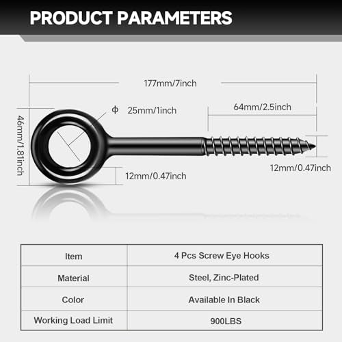 7 inch Eye Bolts - 4 Pcs Eyes Hooks Screw Heavy Duty 900 lbs Breaking Strength Black Rust-Resistant, Self Tapping Eyelet Screw for Wood Securing, Hammock Stand, Indoor & Outdoor Use 7" 4Pcs
