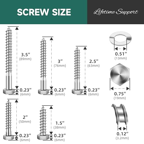 (8Sets) 3/8 Bolt, 3/8" x 4" Hex Head Lag Bolts & 46Pcs 3/8" Hex Head Lag Bolts Screws Assortment Kit, Heavy Duty Lag Screws with Washers, 304 Stainless Steel 18-8.