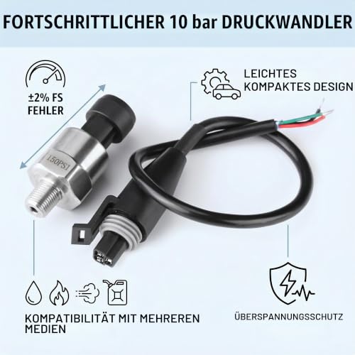 Pressure Sensor Stainless Steel 150PSI Pressure Transducer 1/8 NPT for Oil Fuel Air Water Pressure Transmitter