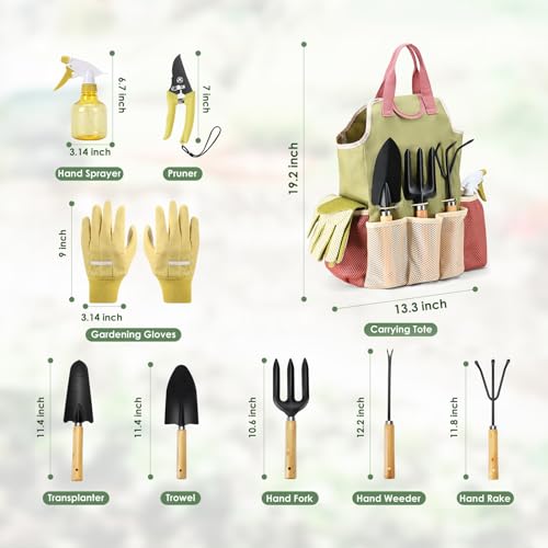 APSARAS USA Gardening Tools, Garden Tool Set, 10 Pieces Heavy Duty Sturdy Steel Gardening Tool Set with 600D Oxford Cloth Storage Tote Bag, Durable Supplies Kit Perfect Garden Gifts for Father Wood Handle and Sturdy Steel