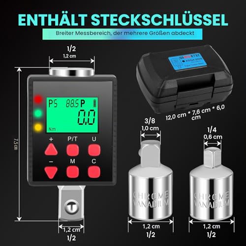 Digital Torque Adapter 1/2 Inch, 3.4 - 340 Nm Torque Digital Adapter, Accuracy ± 1% with Preset, Memory, Buzzer, LCD Display, 1/4 Inch 3/8 Inch Adapter for Car, Motorcycle, Bicycle