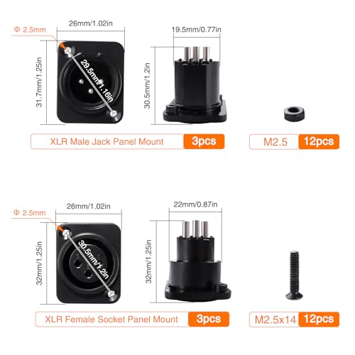 6 Pieces 3-Pin XLR Panel Mounting Audio Adapter Connector, XLR Male Female Chassis Panel Mount Sockets D Series, with Screw, Black Plastic Housing Male / female - black plastic