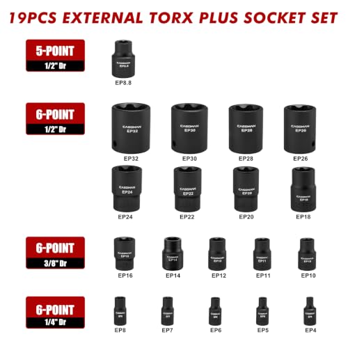 CASOMAN 19PCS External Torx Plus Socket Set, 6 & 5 Point EP Sockets EP4-EP32 with 1/2'', 3/8'' & 1/4'' Dr. EP8.8 Compatible with Tesla, Cr-V Steel