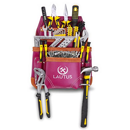 LAUTUS Oil Tanned Leather Tool Pouch Bag |Burgundy |Carpenter, Construction, Framers, Handyman | 10 Pockets, 2 Hammer Holders | 100% Leather