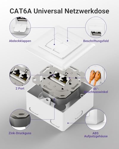VCELINK RJ45 Network Socket CAT6A, 2 Port LAN Socket for Surface-Mounted or Flush-Mounted | 10 Gbit/s shielded surface-mounted box 500 MHz, universal network socket, PoE, CAT6 CAT5, EIA/TIA T568A&B, white, 1 piece