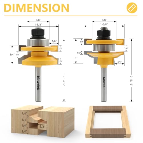 Newdeli 5Pcs Cabinet Door Router Bit Set 1/4" Shank Raised Panel Router Bits Tongue and Groove Router Bit Set Ogee Rail and Stile Router Bits Cabinet Making Tools
