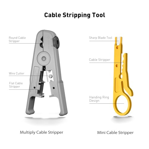 Ethernet crimping tool kit RJ45 crimp tool, Cat5 Cat6 Pass Through Crimping Tool for Network Cable Tester, Multiply Stripper, 50PCS Cat 6 Pass Through Connectors and Strain Relief Boots 10 IN 1 Set