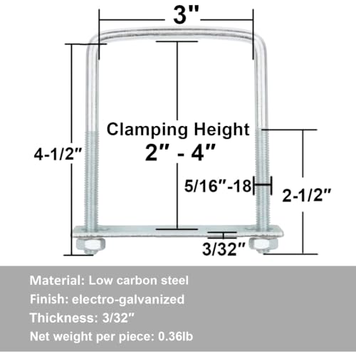 10 Pcs 3 Inch Wide Square U-Bolt, 5/16'' x 3'' x 4-1/2'' 5/16" x 3-1/8" x 4-1/4"