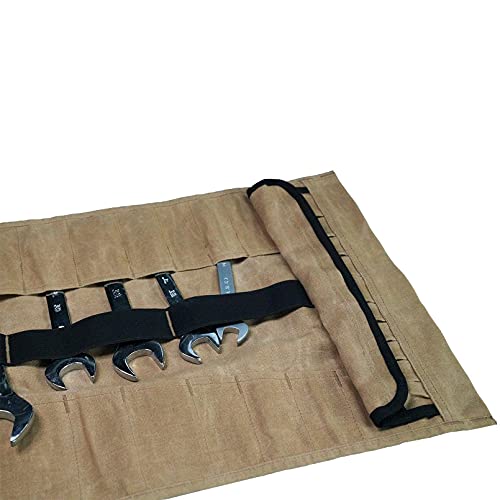 1 Pack Waxed Canvas Tool Roll Wrench Roll Organizer Socket Tool Roll Pouch + 1 Pack Bucket Tool Organizer with 35 Pockets Fits to 3.5-5 Gallon Bucket