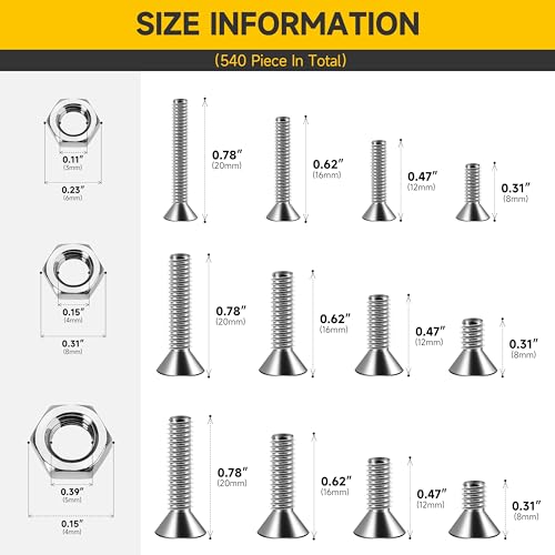 Mywish 540Pcs Metric M3 M4 M5 Screws Assortment Kit & 1290 Pieces M2 M3 M4 M5 Screw Nuts and Bolts Assortment Kit, 304 Stainless Steel 3D Printer DIY Metric Bolt Assortment, Spring & Flat Lock Washers