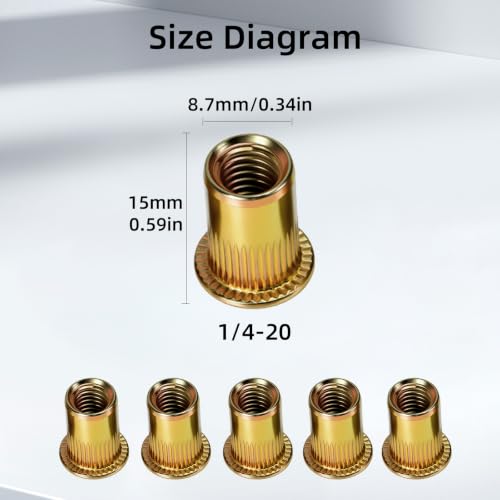 500Pcs 1/4-20 Rivet Nuts, Carbon Steel Zinc Plated Flat Head Threaded Inserts, UNC Knurled Body Nutserts for Metal Repair