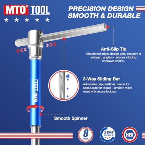 MTO Metric T-Handle Spinner Allen Key Wrench Set, 8-Piece 2-10mm, 3-Way Sliding Handle & Spinning Sleeve, CR-V Steel Hex Wrench with Storage Rack for Motorcycle, Car, DIY