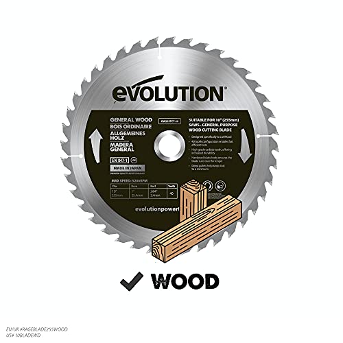 Evolution Power Tools GW255TCT-40 General Wood Carbide Tipped TCT Blade, For Table Saws and Mitre Saws, Smooth and Fast Cuts In Wood, Clean, Splinter Free Cut, 40 Teeth, 255 mm