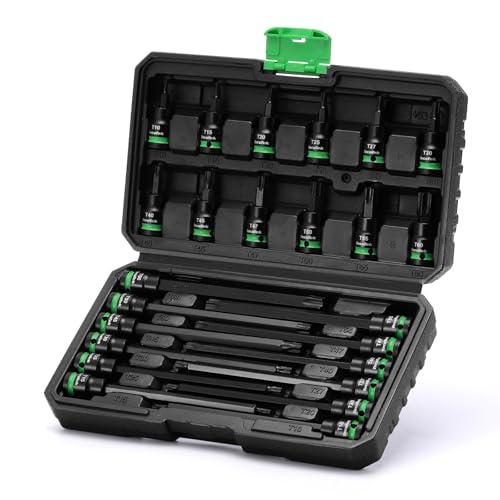 TecoTek 3/8" Drive Impact Torx Bit Socket Set, Extra Long Torx Socket, S2 Alloy Steel Star Bit Sockets, 24PCS Star Bit Set, T10-T60, 2in & 6in Long, CR-V & S2 Alloy Steel Set, Enhanced Storage Case